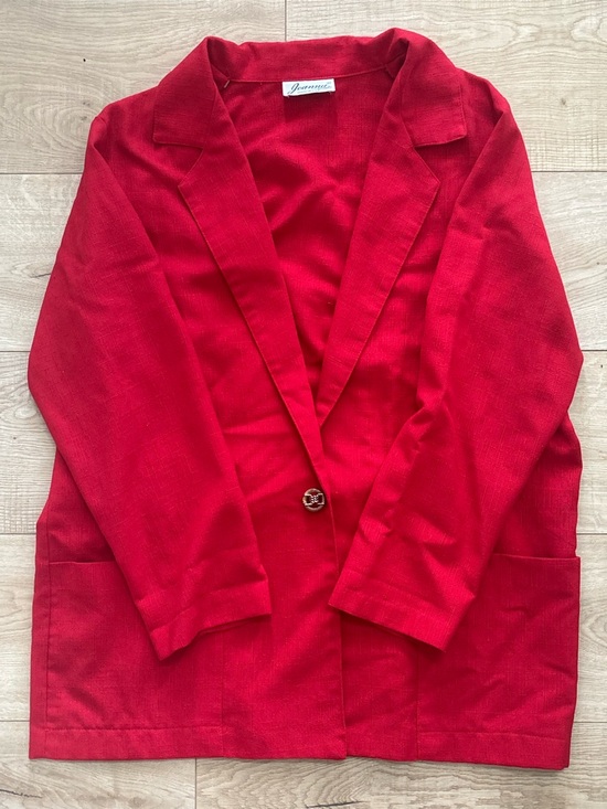 joanna Jackets & Blazers - Vintage Linen Blend Red Single Button Blazer Tomato Red Lightweight Oversized